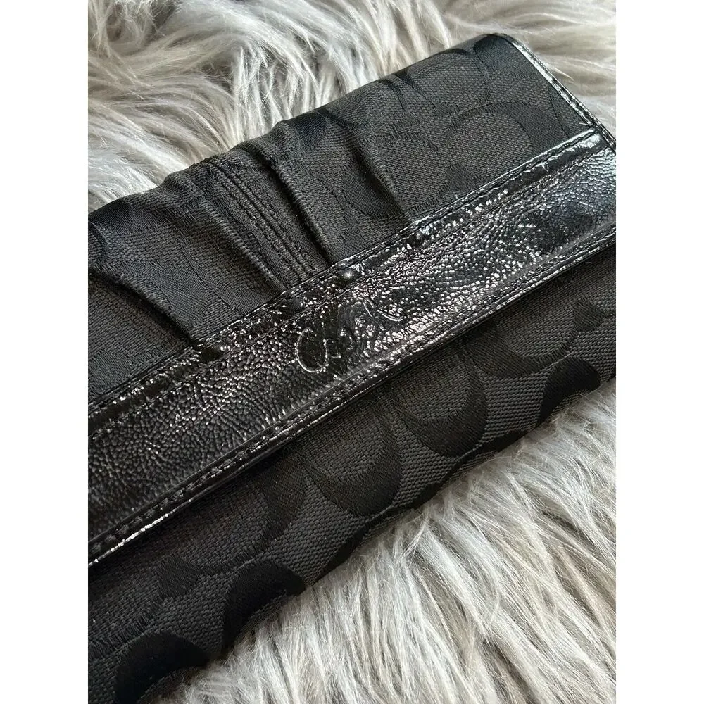 VTG COACH Black Signature 12CM Jacquard Patent Leather Trifold Clutch Wallet Set